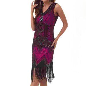 NWT Flapper Sequin Beaded Cocktail Dress Sz.S Burgundy Black Tassels Event Party